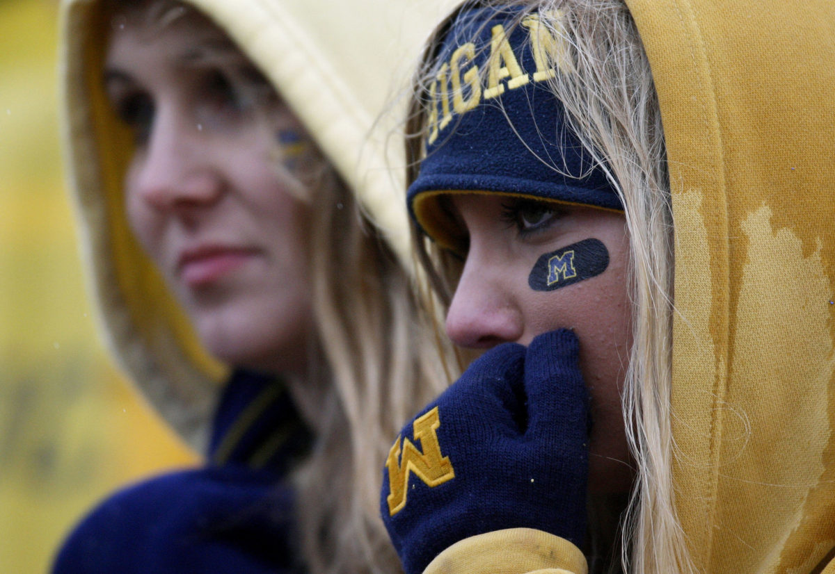 Fans of the Michigan Wolverines react to a 14-3 loss to the Ohio State Buckeyes on November 17, 2007 at Michigan Stadium.