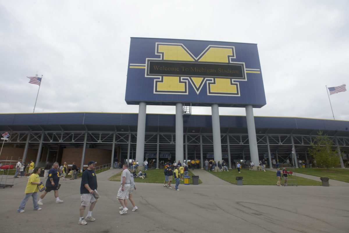 An exterior view of Michigan stadium before a football game.