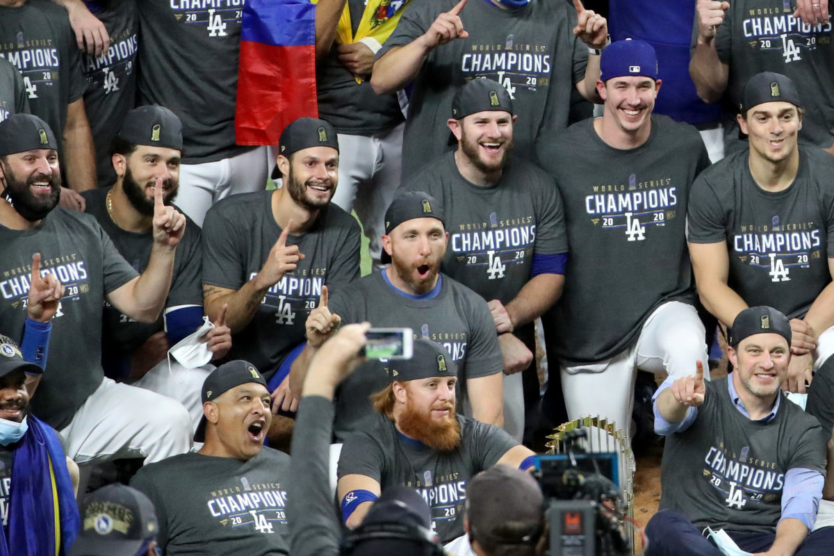 Los Angeles Dodgers celebrating their World Series win.