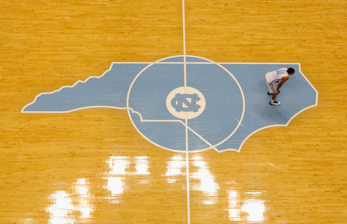 Close-up view of the North Carolina basketball court.