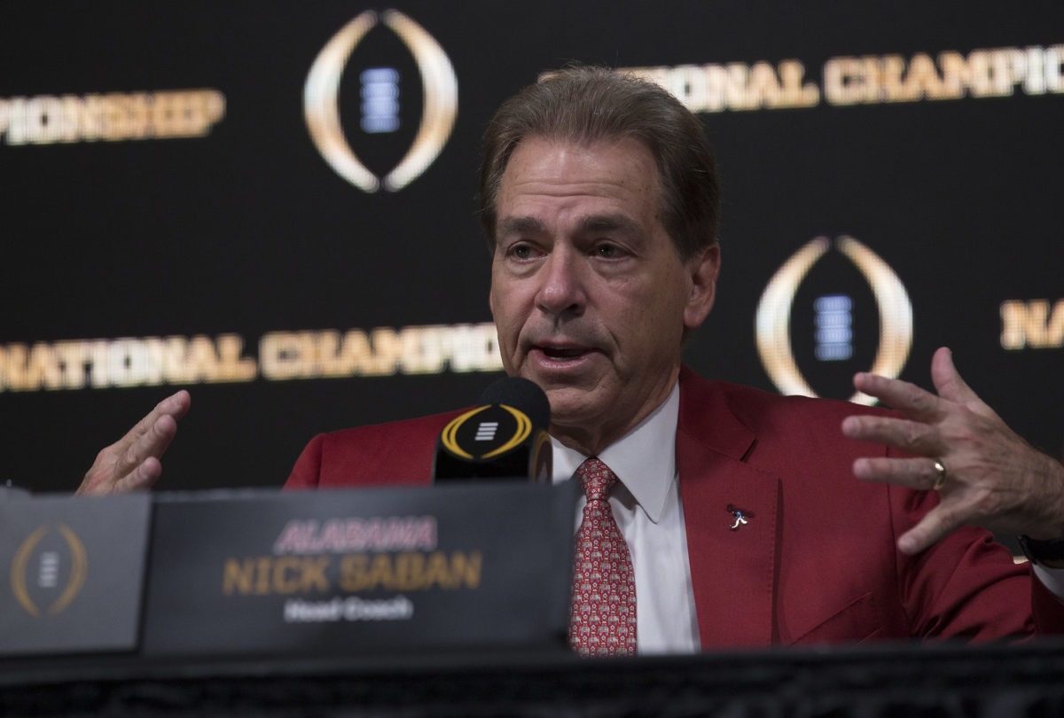 University of Alabama head coach Nick Saban talks during the College Football Playoff National Championship Coaches Press Conference.