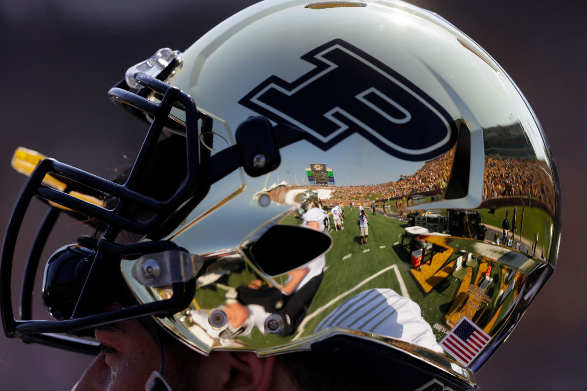 A closeup of a Purdue football helmet.