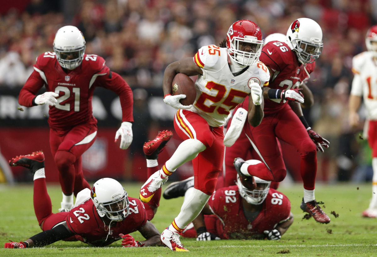 Jamaal Charles of the Kansas City Chiefs looks on from the