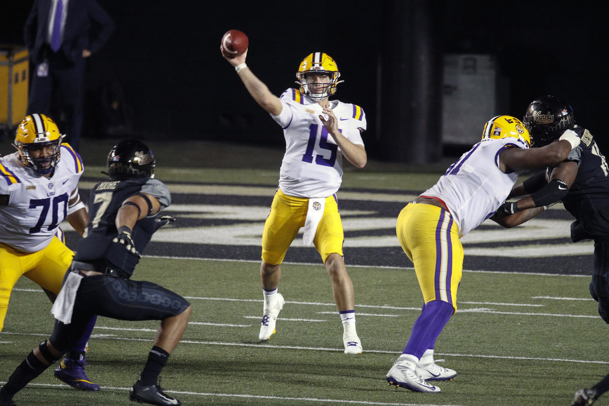 LSU football starting quarterback Myles Brennan throws a pass against Vanderbilt.
