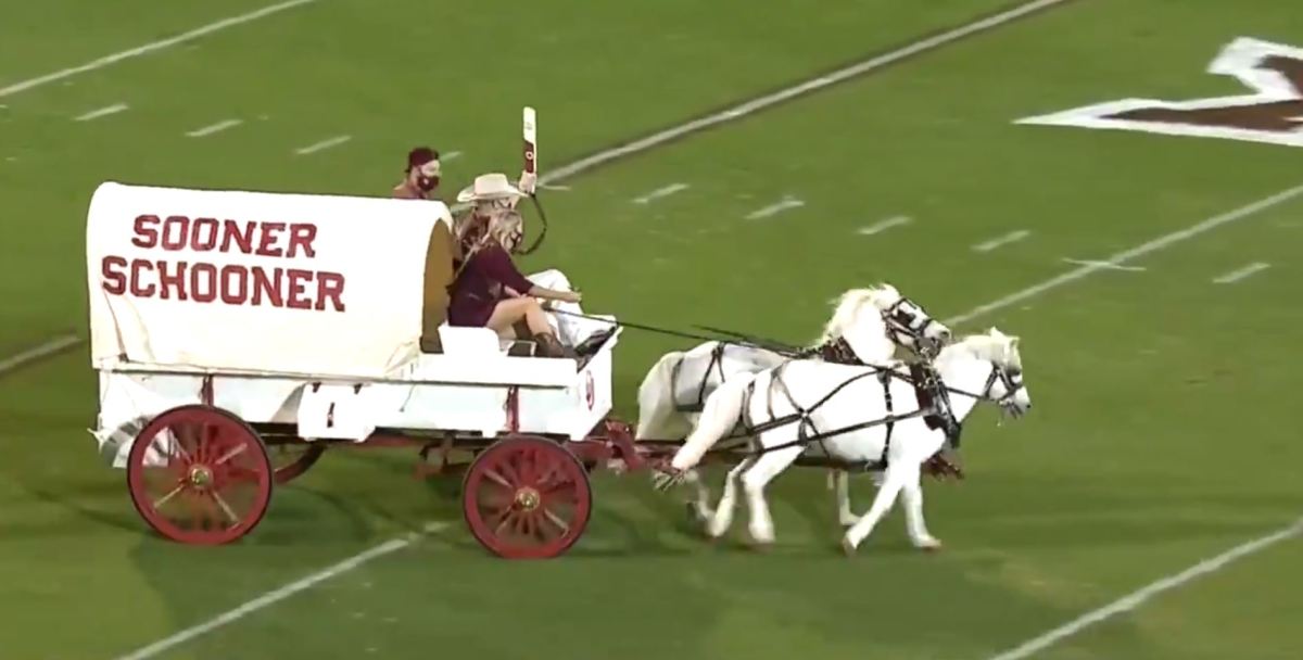 Darby Dean becomes the first woman to drive the Sooner Schooner at an Oklahoma football game.