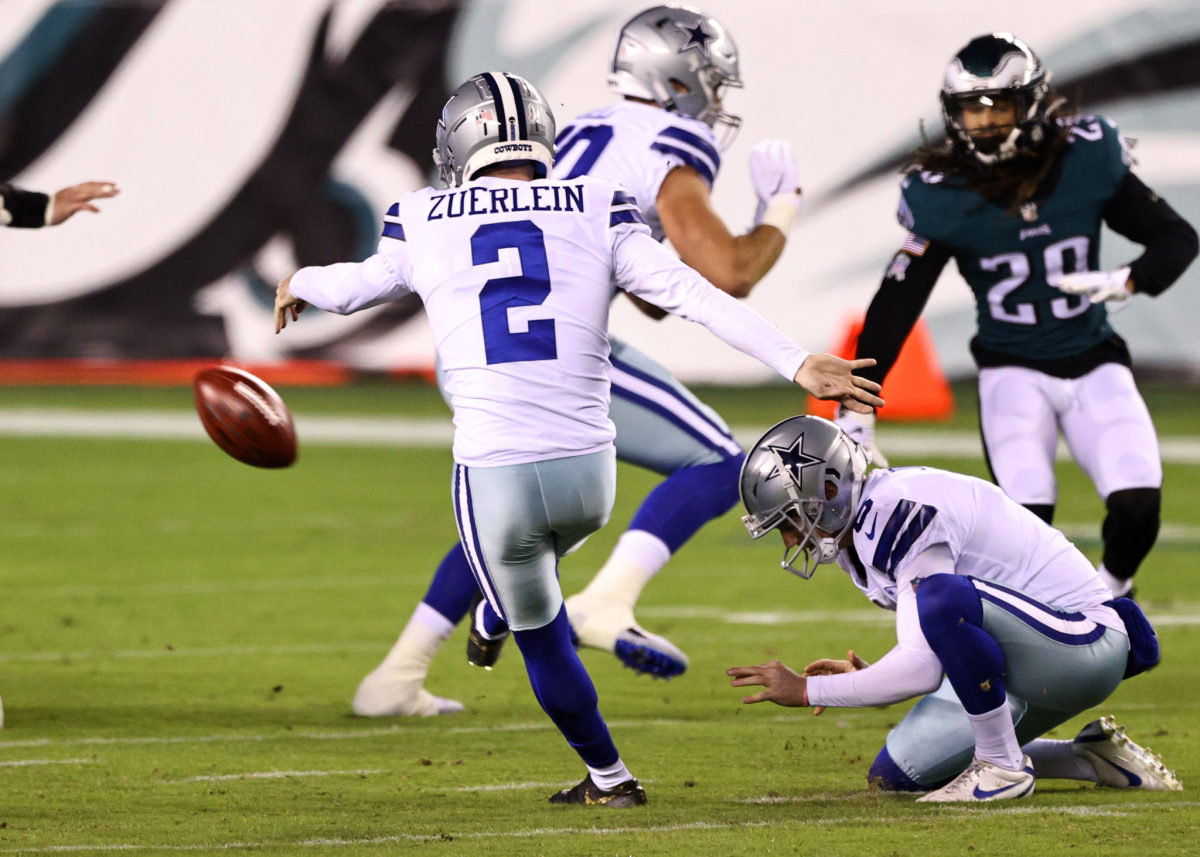 Dallas Cowboys kicker Greg Zuerlein drills a field goal.