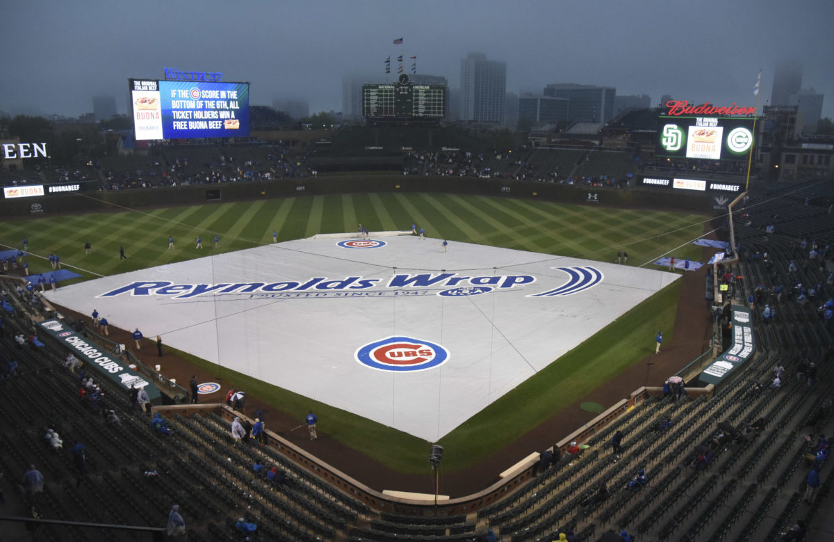 A general view of Wrigley Field during a Cubs rain delay.