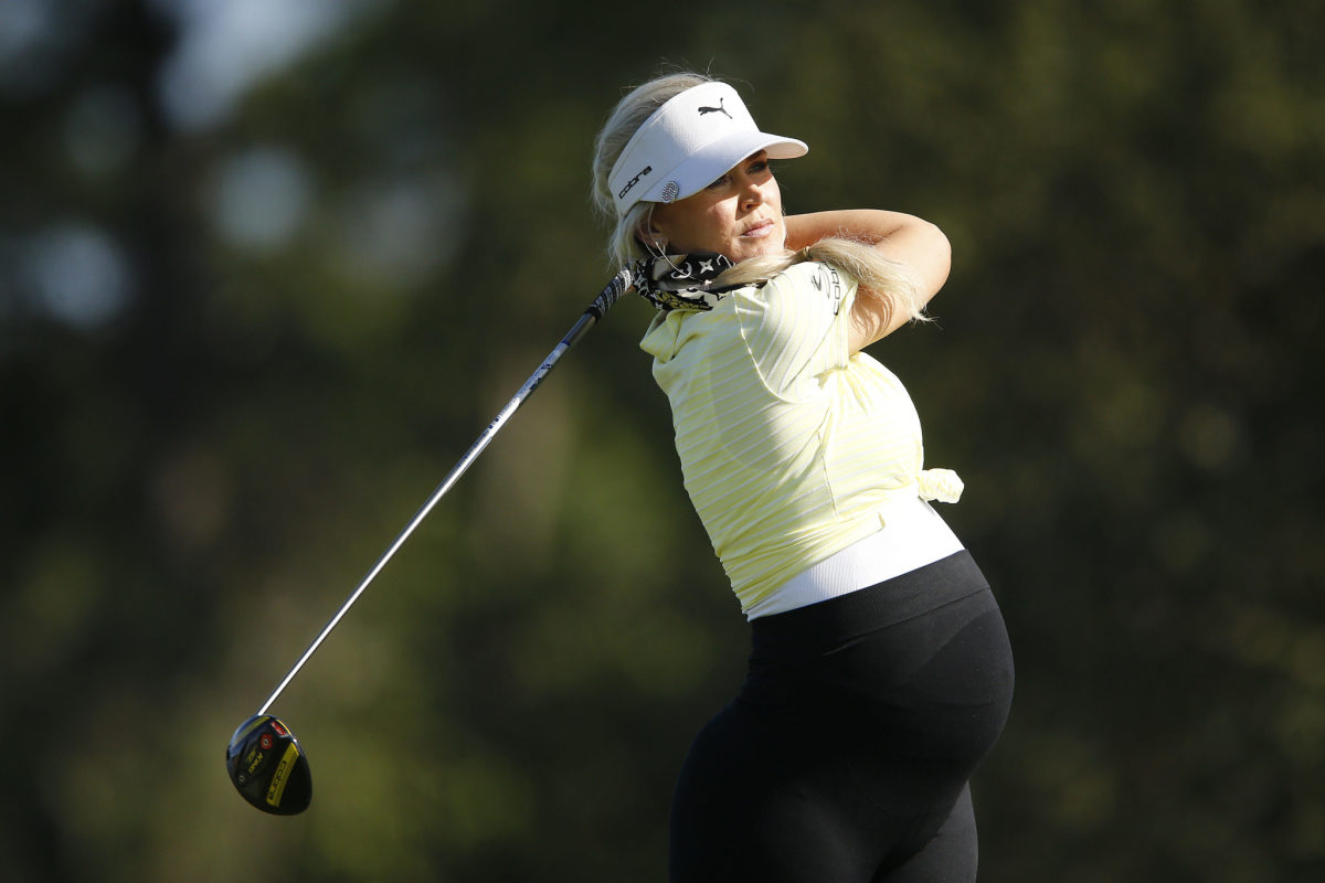 Blair O'Neal competing in a celebrity golf event while six-months pregnant.