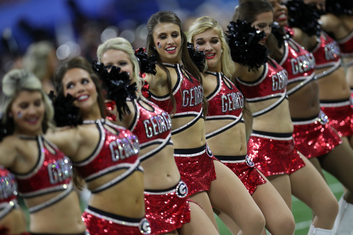 Georgia cheerleaders performing during a game.