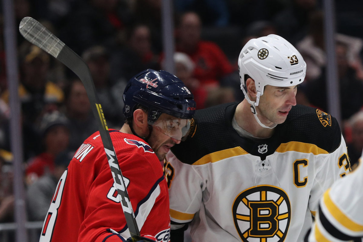 NHL stars Zdeno Chara and Alex Ovechkin during a Boston Bruins vs. Washington Capitals game.