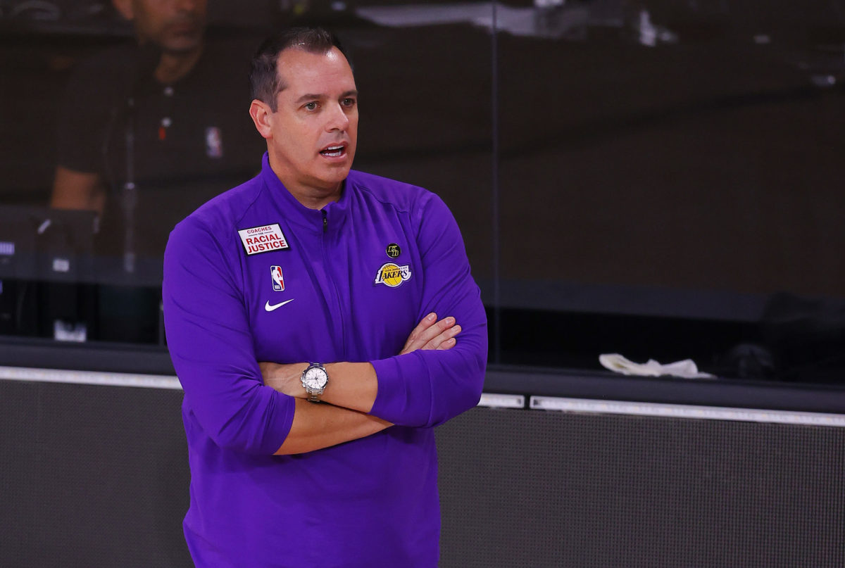 Los Angeles Lakers head coach Frank Vogel on the sideline.