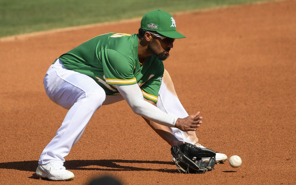 Marcus Semien fields a ground ball for the Oakland As.