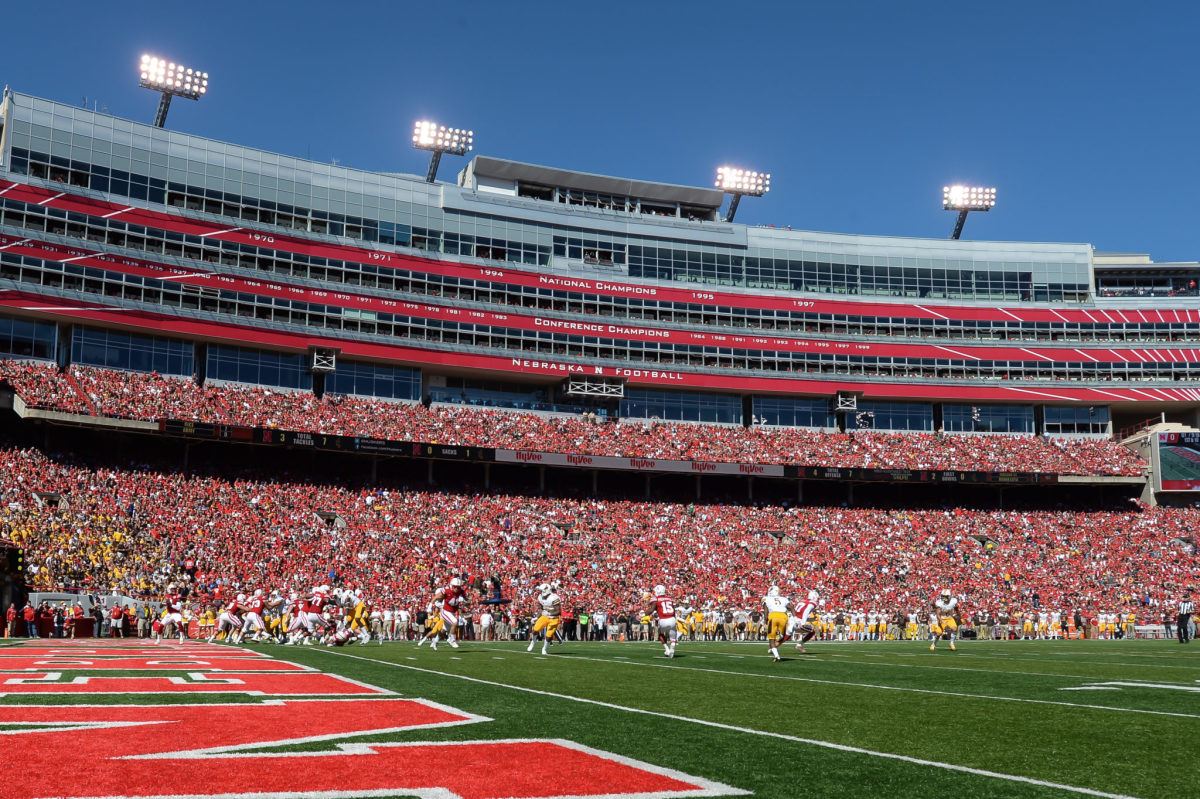 A general view of Memorial Stadium during a game between the Nebraska Cornhuskers and the Wyoming Cowboys.