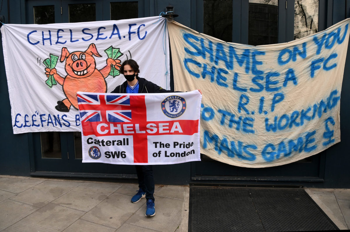 Chelsea fans protest against the newly proposed European Super League
