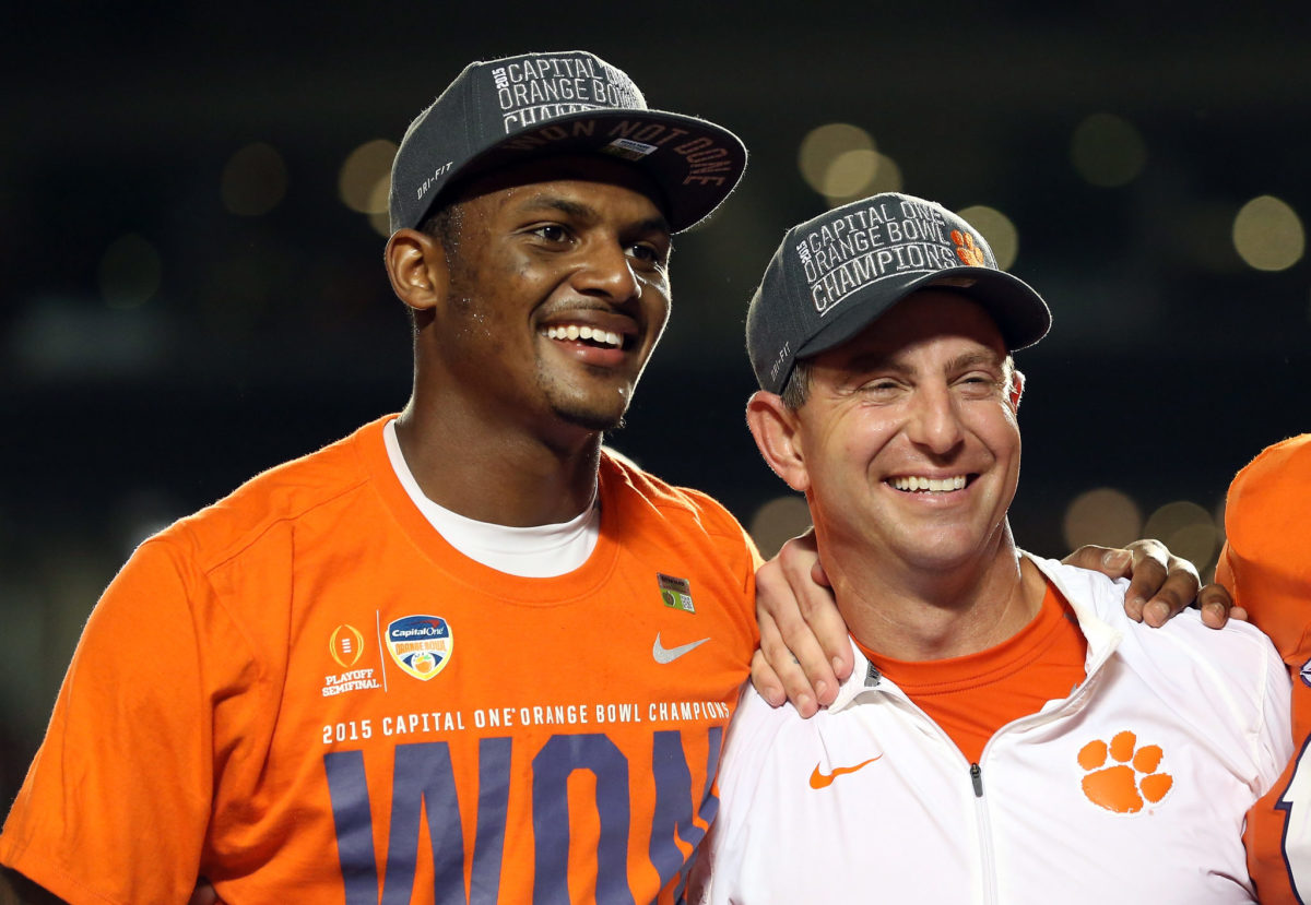Deshaun Watson of the Clemson Tigers stands with head coach Dabo Swinney after the Clemson Tigers defeated the Oklahoma Sooners.