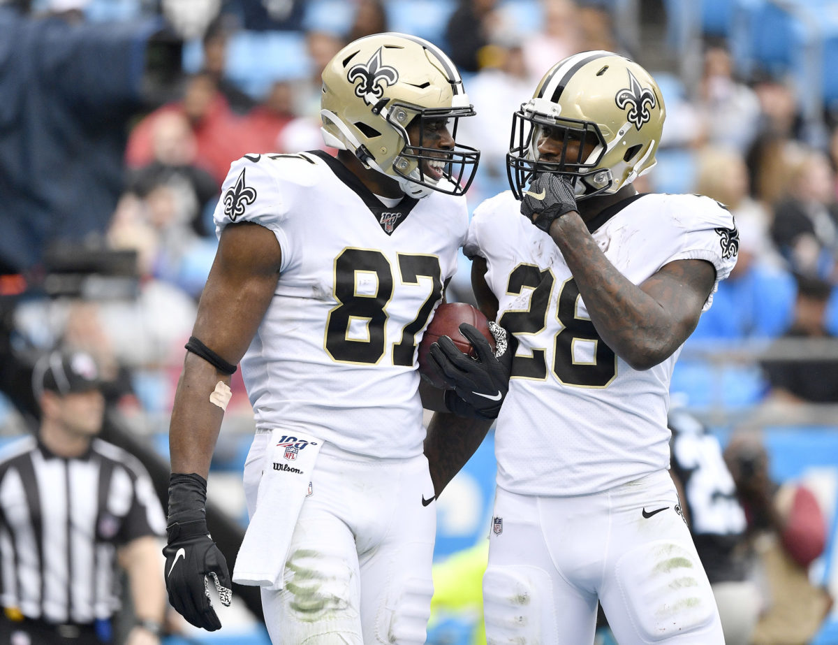Jared Cook and Latavius Murray on the field for the New Orleans Saints.