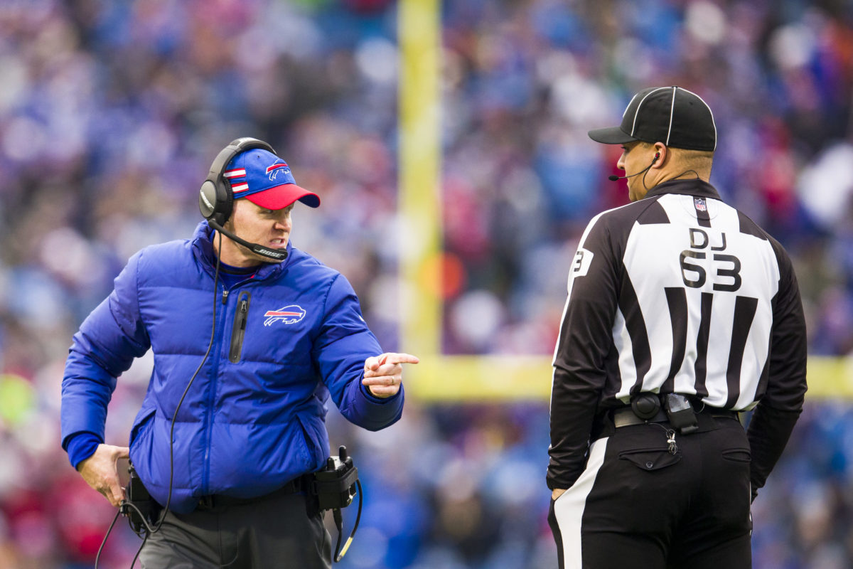 Bills coach Sean McDermott talking to a referee.