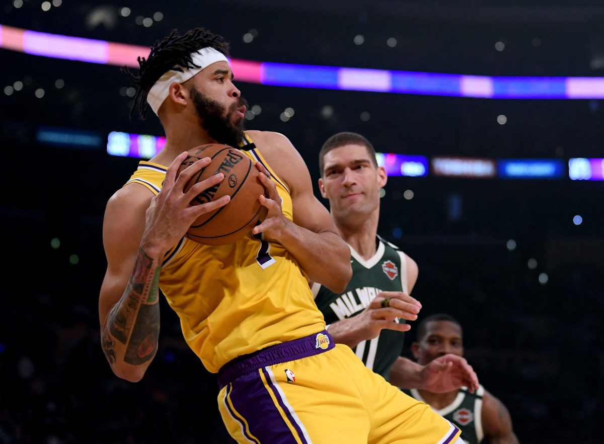 JaVale McGee #7 of the Los Angeles Lakers grabs a rebound