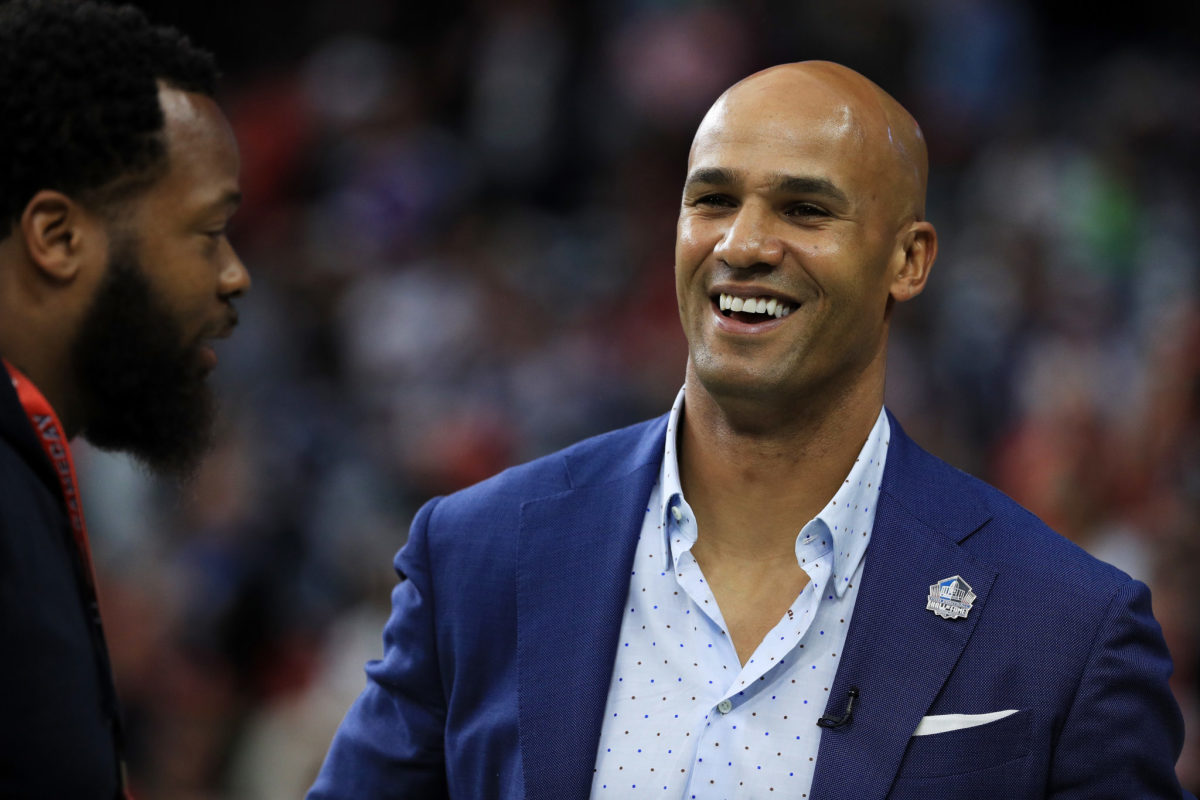 Pro Football Hall of Fame inductee Jason Taylor smiling prior to Super Bowl 51