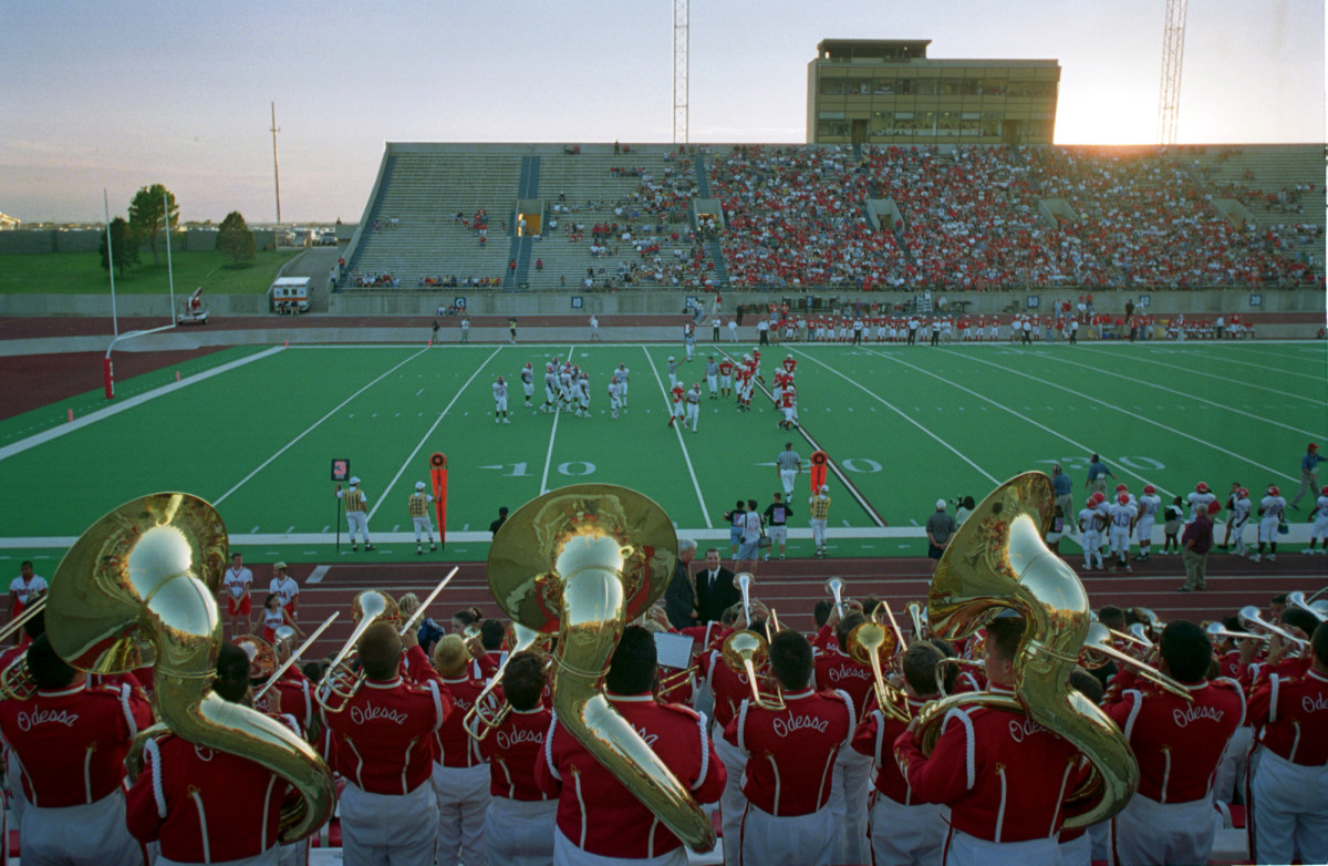 Behind the band at a Texas High School Football game.