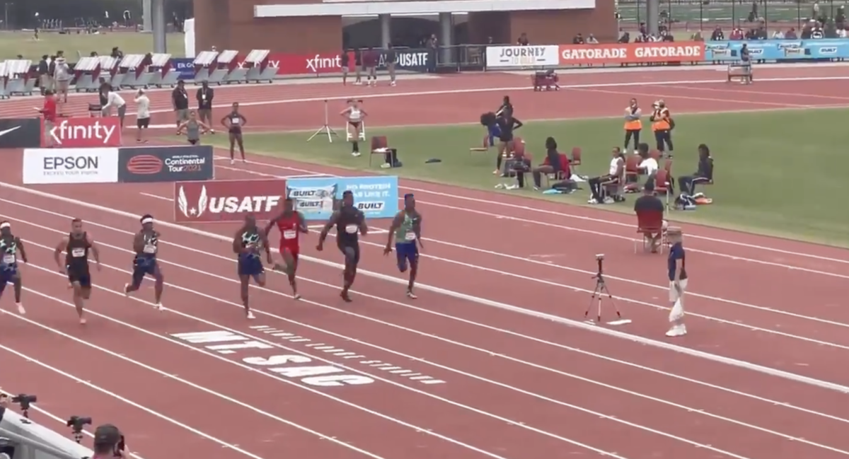 D.K. Metcalf runs the 100 meter race to increase speed for football season