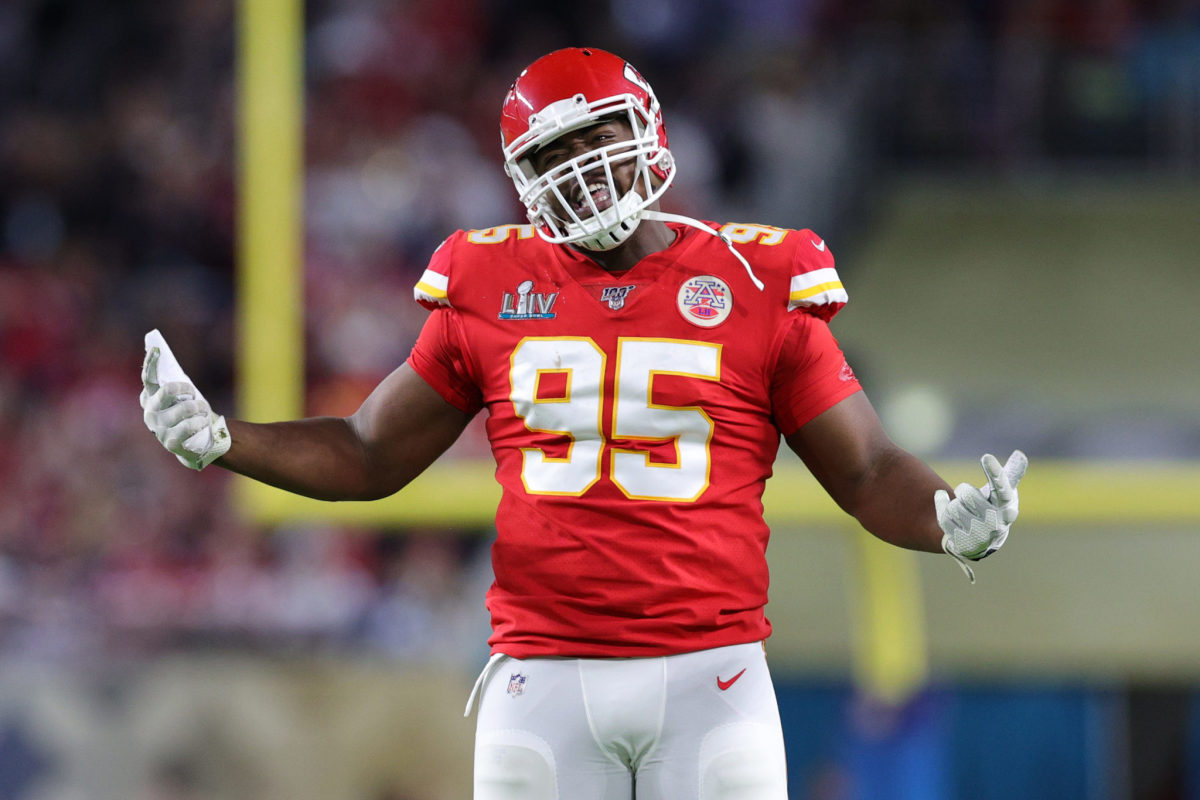 Chris Jones on the field for the Chiefs in Super Bowl LIV.