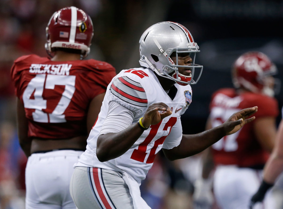 Ohio State's Cardale Jones celebrates after throwing a touchdown.