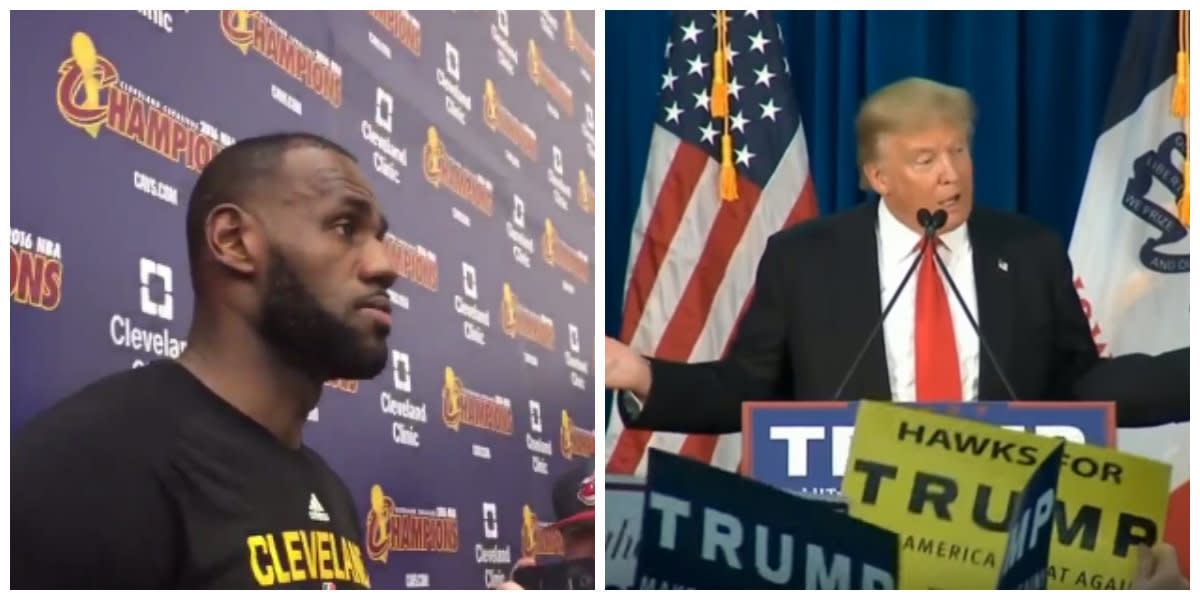 A split screen of LeBron James and Donald Trump.