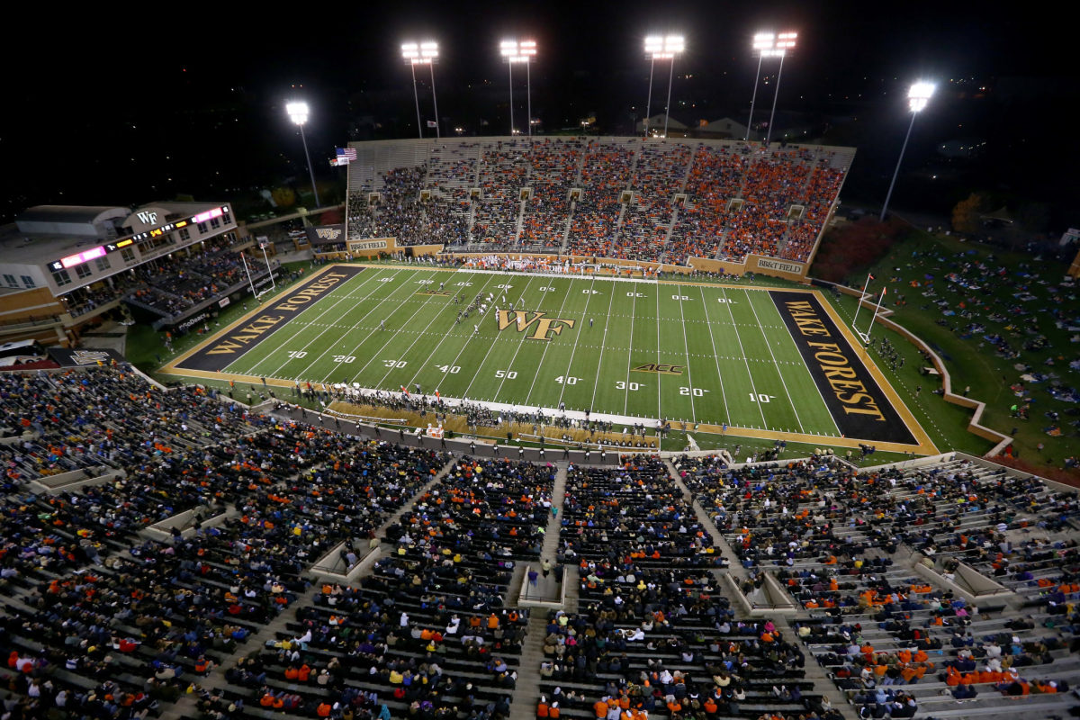 A general view of Wake Forest's football stadium during a game.