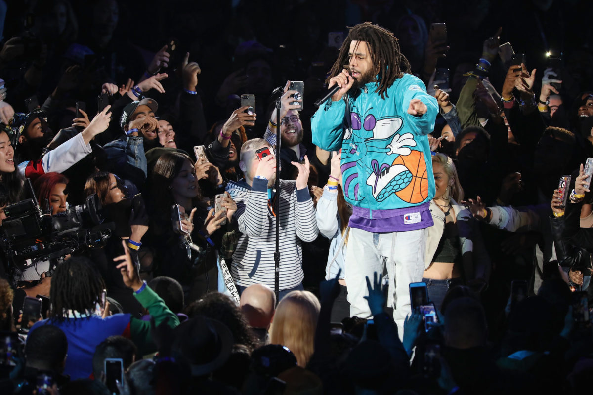 J. Cole performs at halftime of the NBA All-Star Game in Charlotte.