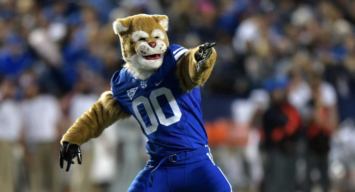 BYU's mascot performing during a game.