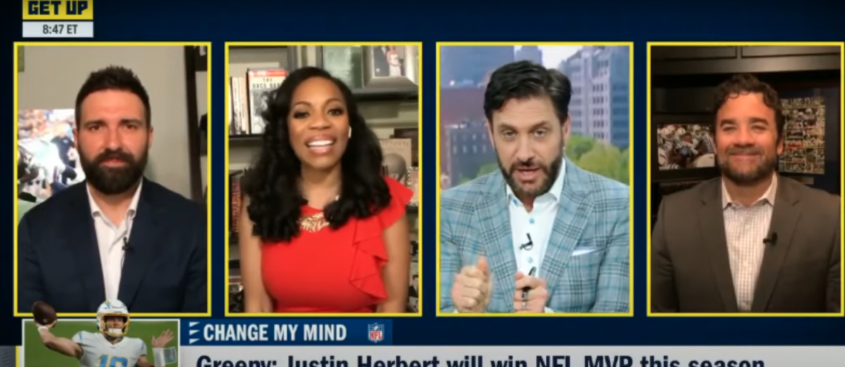Mike Greenberg on Get Up discussing Justin Herbert as an NFL MVP possibility.