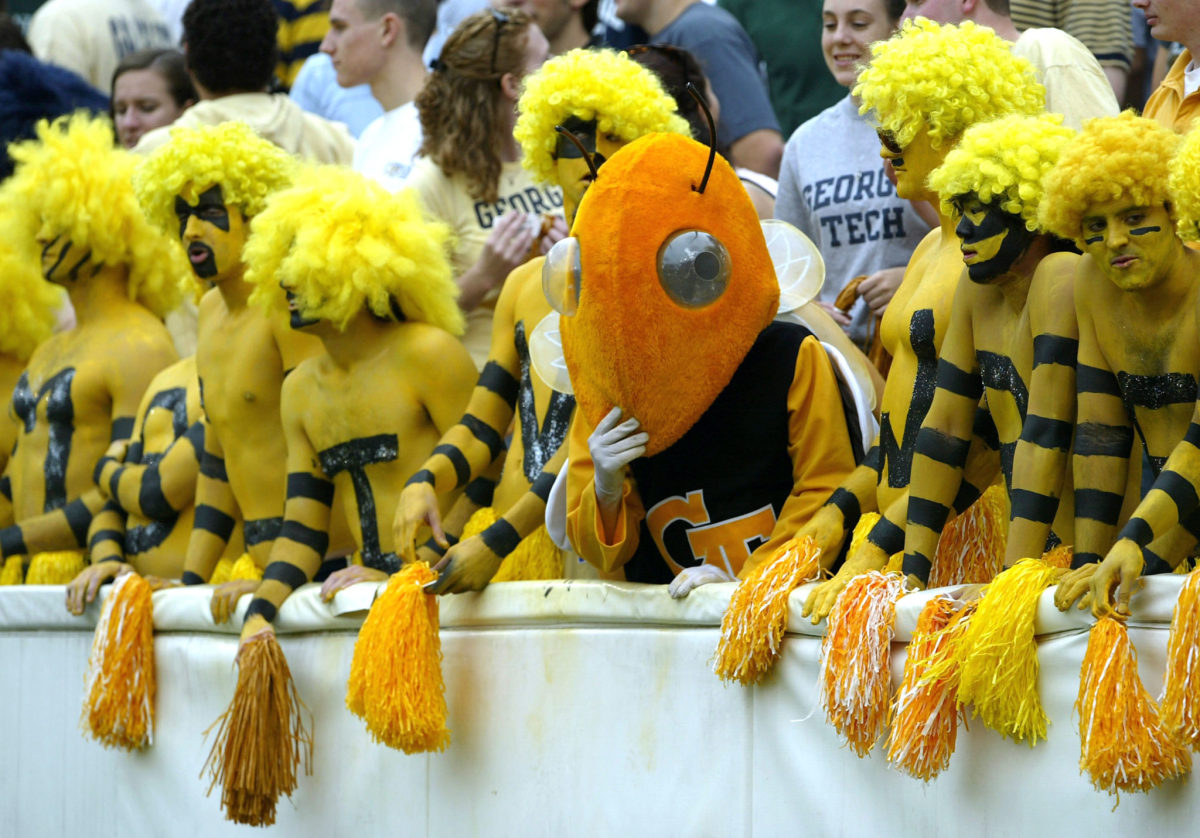 Georgia Tech's mascot sitting in the stands with fans.