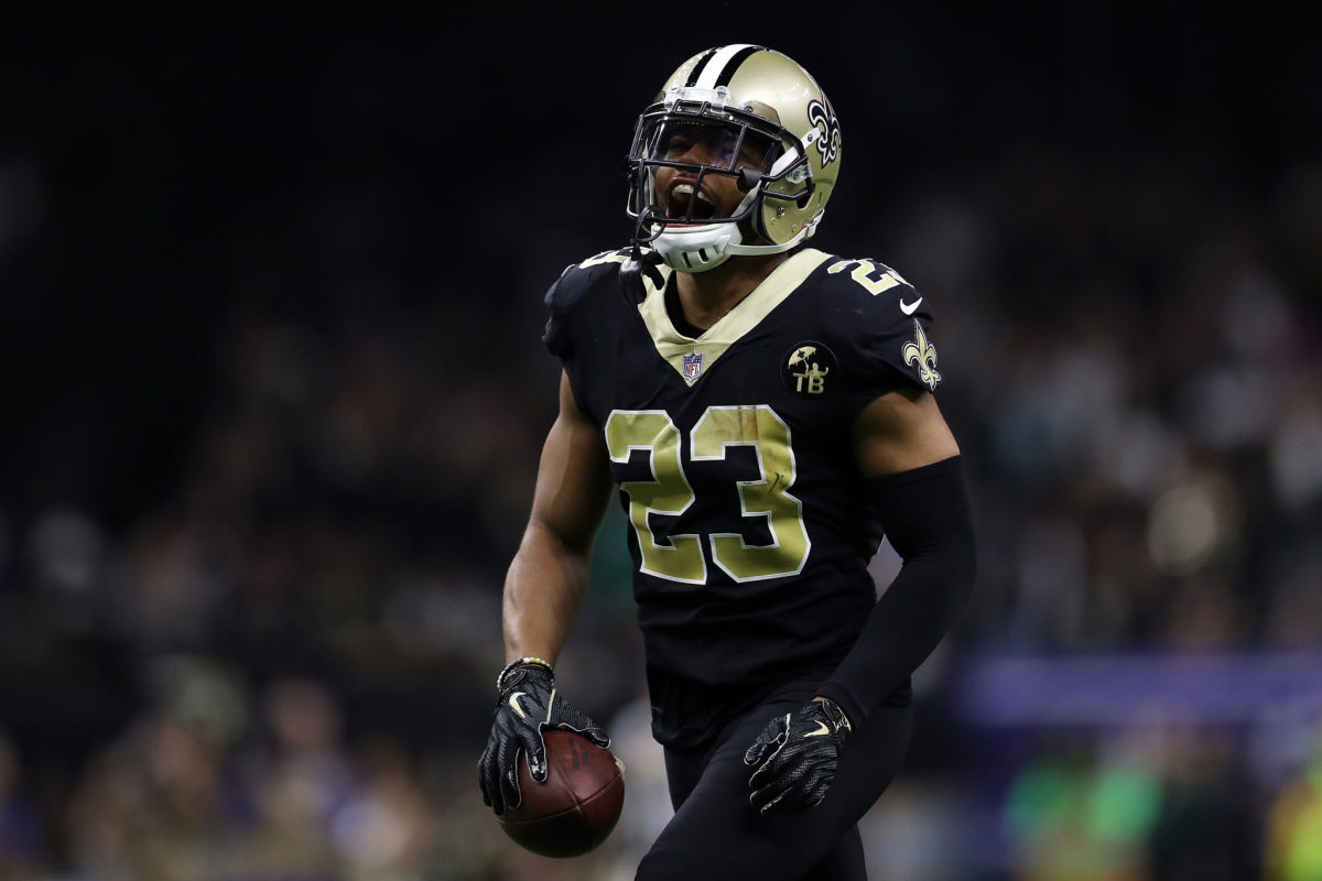 A closeup of Marshon Lattimore during a New Orleans Saints game.