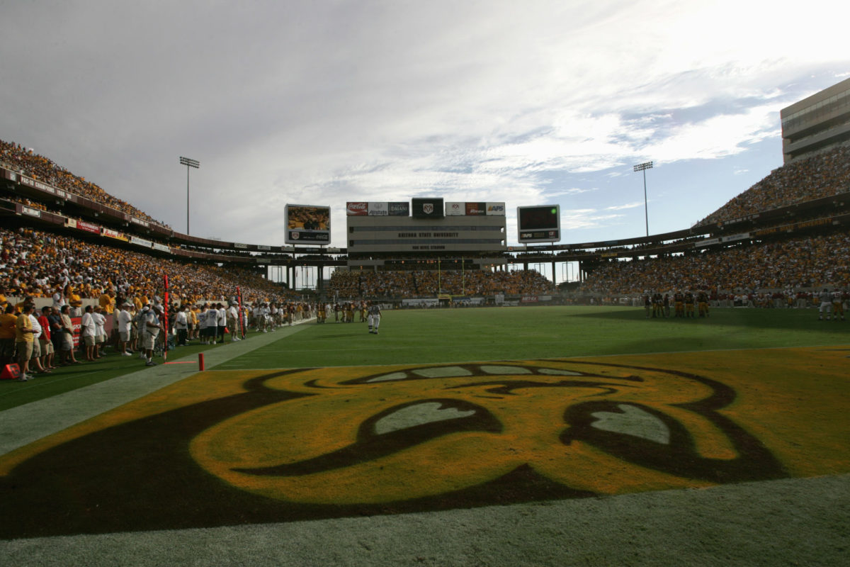 A general view of the field taken during the game between the Arizona State Sun Devils and the USC Trojans on October 1, 2005 at Sun Devil Stadium.