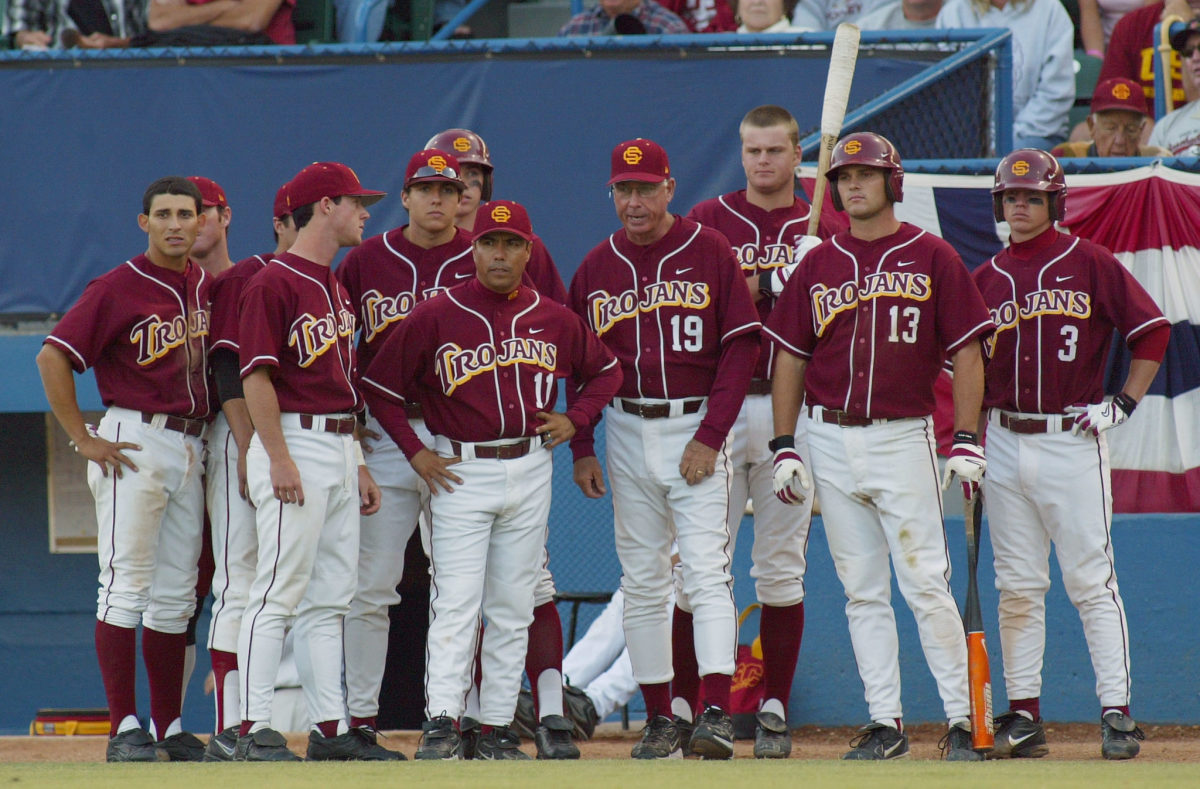 Head coach Mike Gillespie of the USC Trojans looks on during the NCAA baseball regional game.
