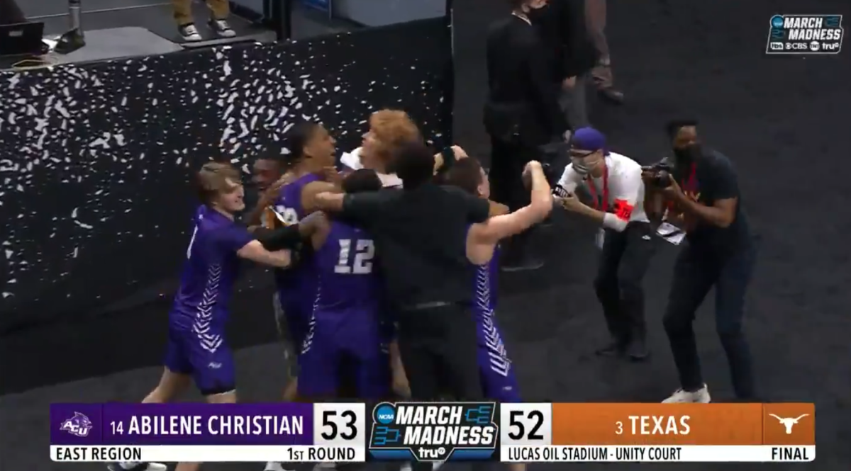 Abilene Christian celebrates a huge upset of Texas basketball at the NCAA Tournament.