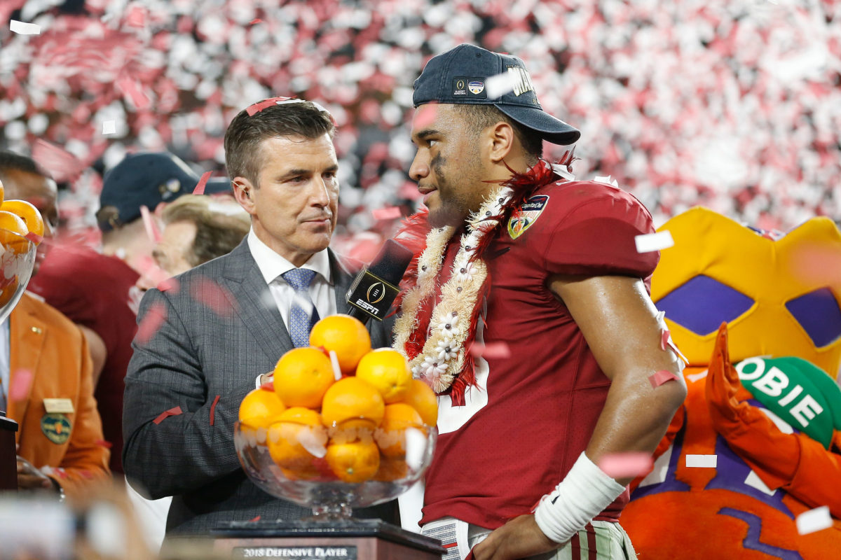 Tua Tagovailoa speaking to ESPN's Rece Davis after winning the college football National Championship.