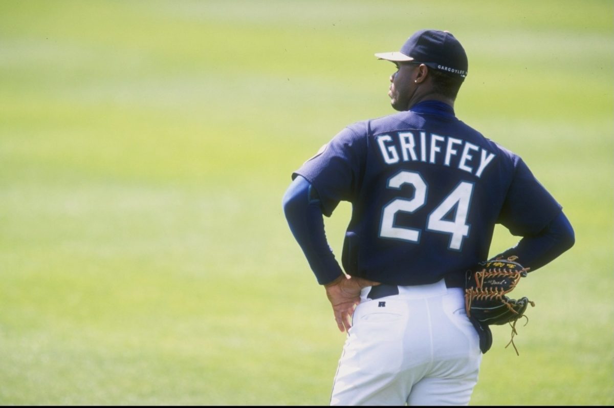 Ken Griffey standing in the outfield for the Mariners.