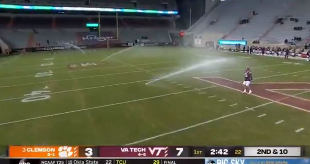 Sprinklers go off during Clemson at Virginia Tech football game at Lane Stadium.