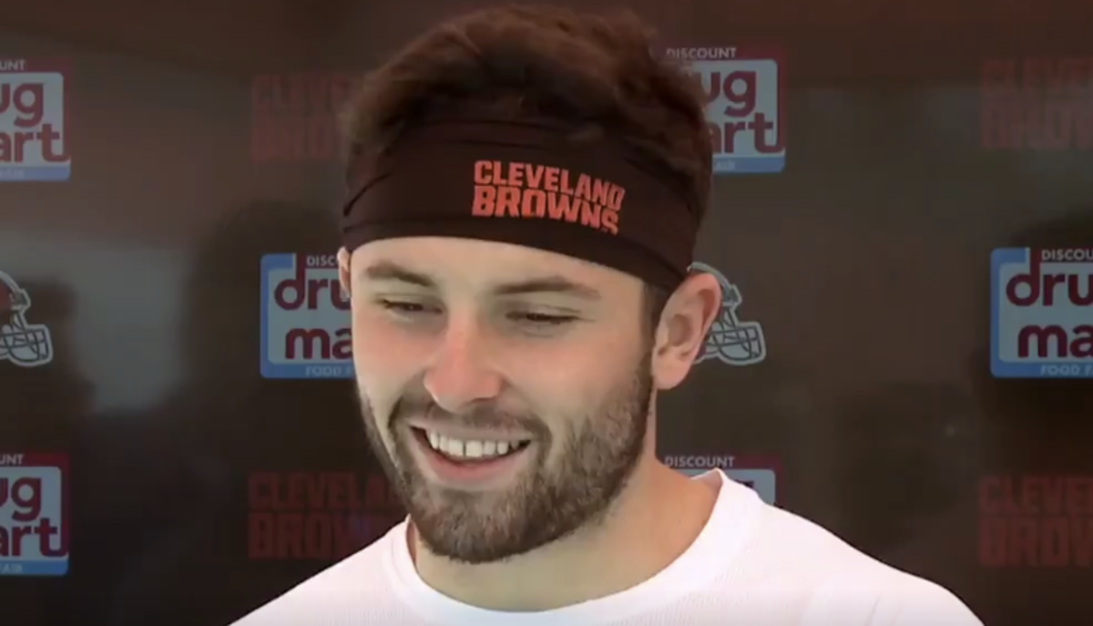 A closeup of Baker Mayfield in a Cleveland Browns headband.