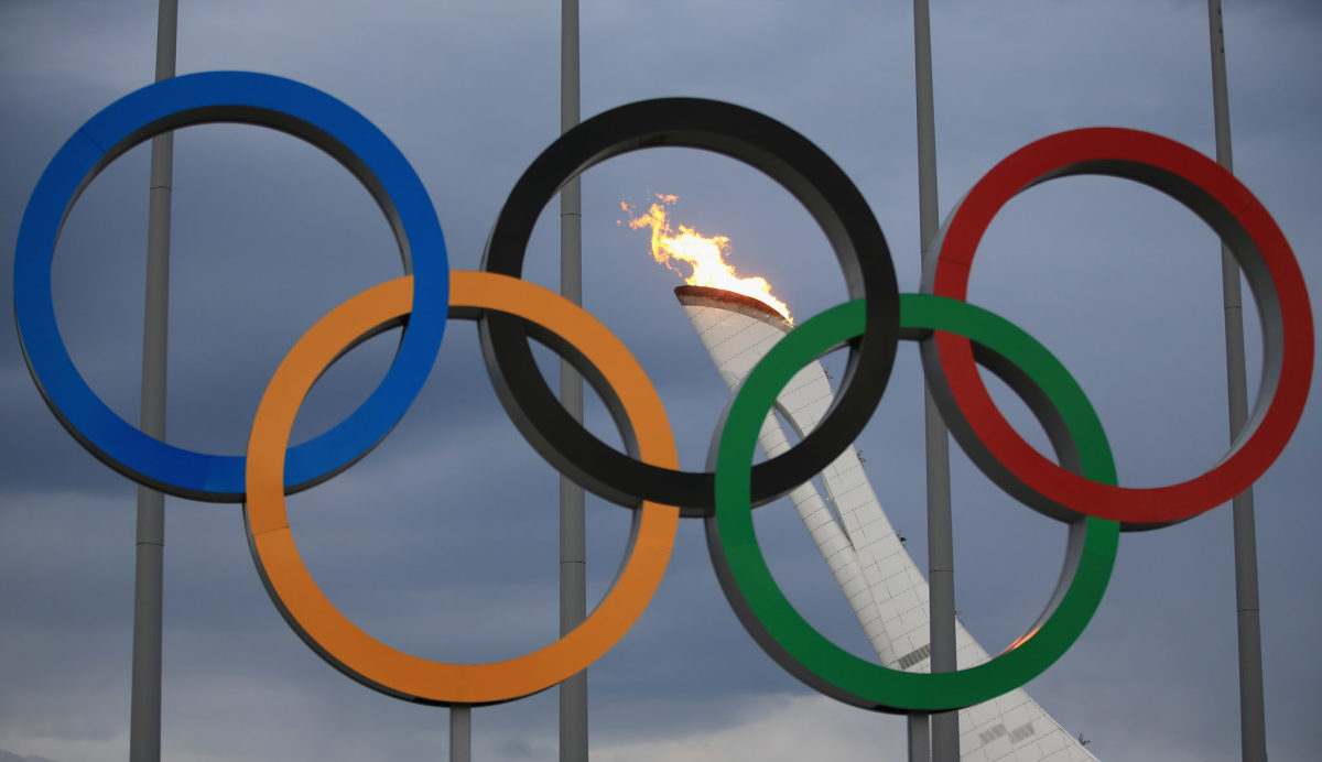 A general photo of the Olympic Rings with the torch in the background.