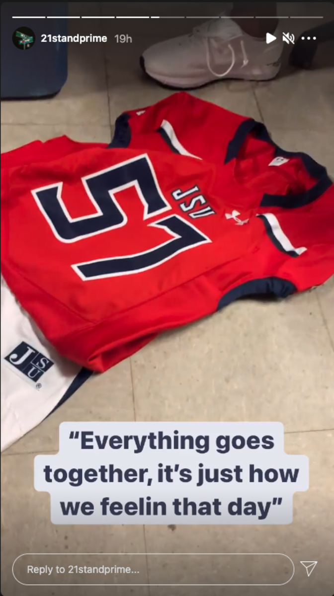 Jackson State football's red jersey unveiled by Deion Sanders on Instagram.