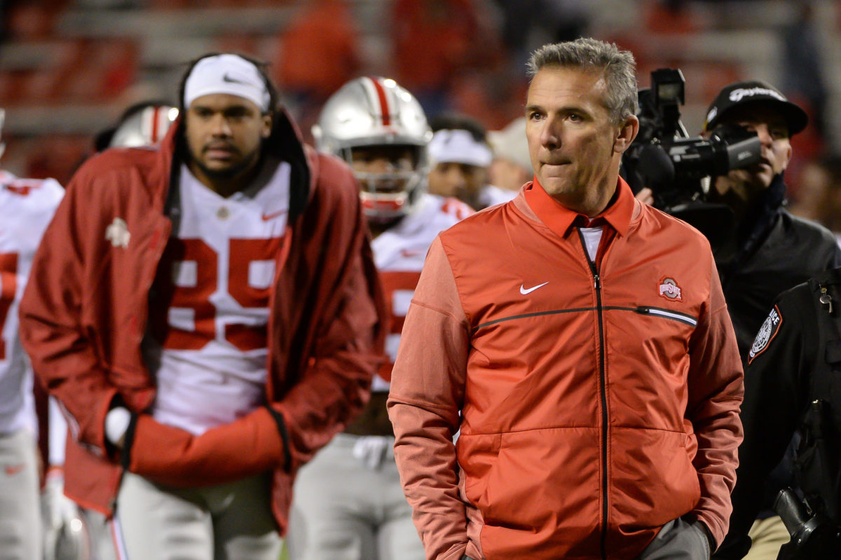 A closeup of Urban Meyer on Ohio State's bench