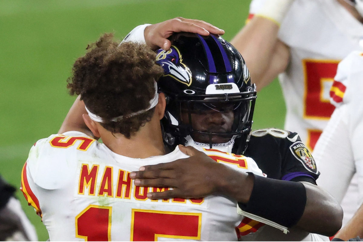 Lamar Jackson and Patrick Mahomes after the Monday game NFL game between the Chiefs and Ravens.