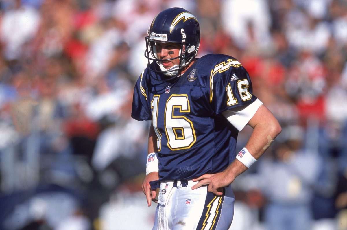 Ryan Leaf #16 of the San Diego Chargers reacts during the game against the San Francisco 49ers at the Qualcomm Stadium in San Diego, California.