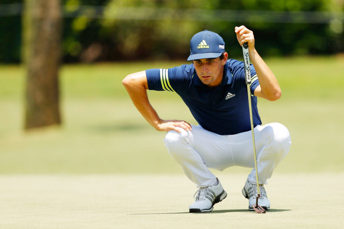 Joaquin Niemann of Chile lines up a putt on the second green during the final round of the RBC Heritage on June 21, 2020 at Harbour Town Golf Links in Hilton Head Island, South Carolina.