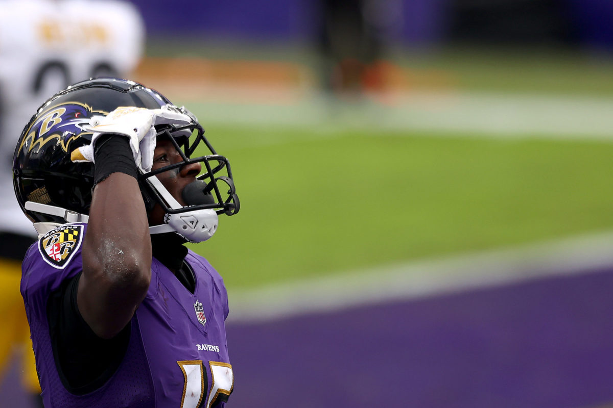 Marquise Brown looking on during the Ravens' game against the Steelers