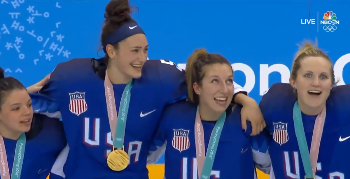 US women's hockey players during national anthem.