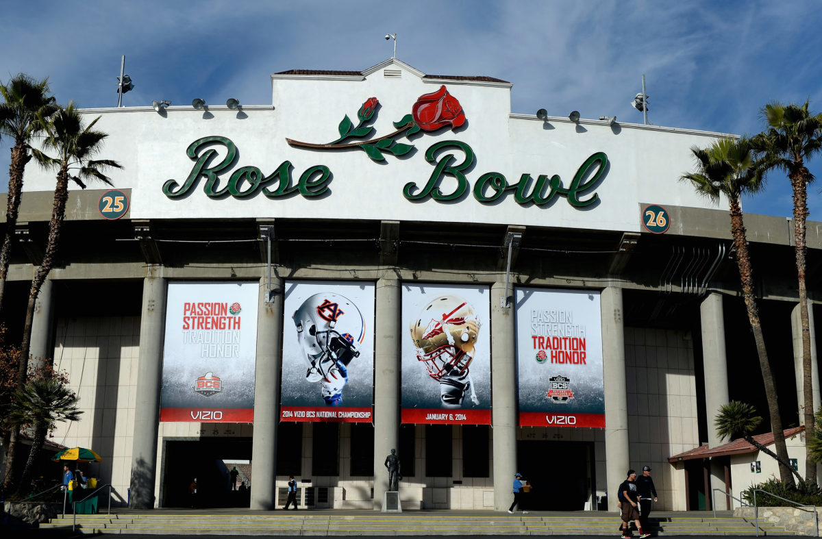 An exterior view of the Rose Bowl.